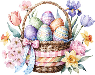Easter Basket Watercolor Illustration, Pastel Eggs and Spring Flowers Design Isolated on White © Tanvir Rana