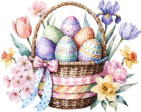 Easter Basket Watercolor Illustration, Pastel Eggs and Spring Flowers Design Isolated on White