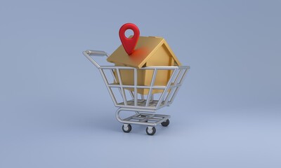 Shopping cart holding house with location pin