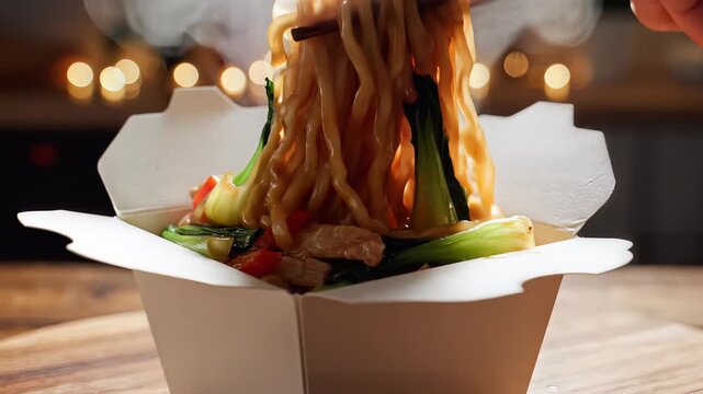 Noodles with chopsticks in takeout box close up ready to eat