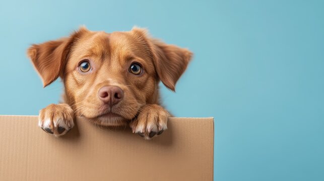 This charming image features a cute dog peeking over a box against a soothing light blue backdrop, showcasing its playful and curious nature.
