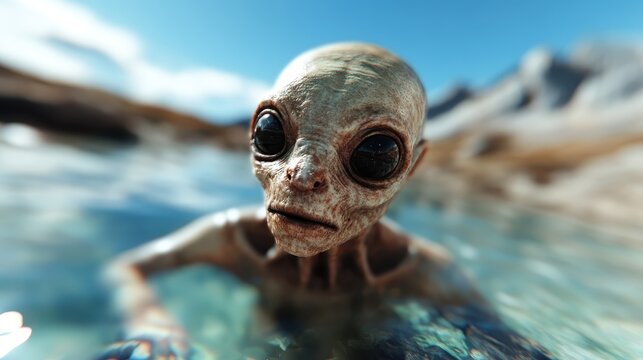 An eerie and mesmerizing image of an alien-like creature rising from clear water, provoking thoughts on extraterrestrial life and the unknown in the universe.