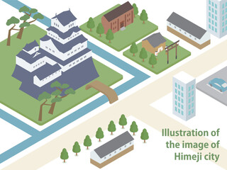 新緑の姫路城と姫路の街のアイソメトリックイラスト
