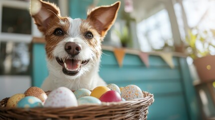 Fototapeta premium This cheerful scene features a joyful dog smiling with a basket of colorful Easter eggs, embodying the spirit of festive celebrations and happiness.