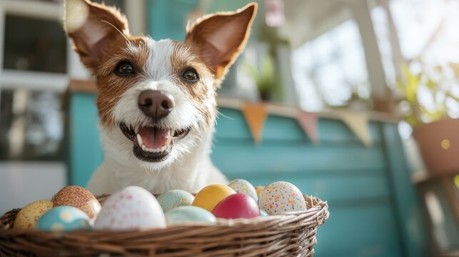 This cheerful scene features a joyful dog smiling with a basket of colorful Easter eggs, embodying the spirit of festive celebrations and happiness.