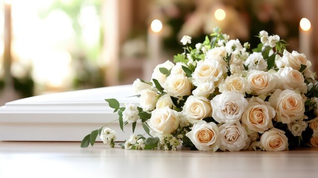A beautifully arranged bouquet of white roses lying beside an open casket, creating a poignant visual narrative of love, loss, and remembrance at a solemn occasion.