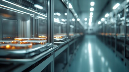Fototapeta premium A well-lit futuristic laboratory featuring sleek technology and illuminated elements showcases an innovative environment designed for advanced research and experimentation.