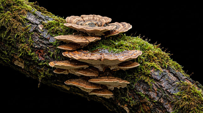 Shelf Fungi Growing on Mossy Tree Branch in Forest.