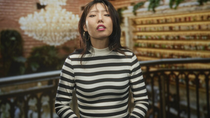 Young asian woman with striped shirt, face visible, eyes closed in a slight smile and head tilt while leaning on a railing inside a building; serenity.