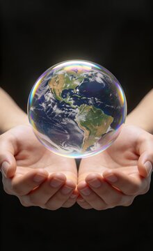  Fragile Earth globe as iridescent soap bubble with water reflection, vertical format environmental concept, 3d render