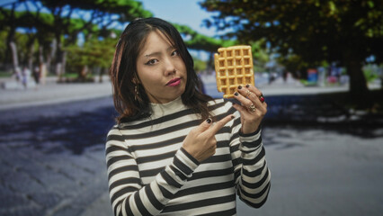 Fototapeta premium Young chinese woman wearing striped sweater holding waffle and pointing finger to waffle in sunny tree lined street near park; playful curiosity.