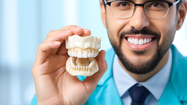 Wisdom tooth, third molar concept. Doctor dentist showing teeth, fake artificial jaw model