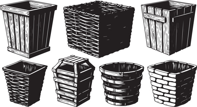 Collection of various wooden and metal waste bins illustration