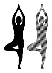 Fototapeta premium Two figures practicing tree pose, one solid silhouette and one with diagonal lines, symbolizing balance and yoga.