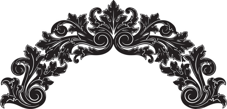 Elegant black floral filigree arch design element isolated white