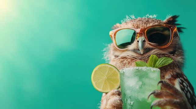 An adorable owl wearing sunglasses holds a vibrant cocktail, symbolizing leisure and enjoyment, encapsulating the essence of summer relaxation and fun moments in nature.