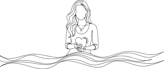 Obraz premium A black and white sketch of a woman sitting on wavy lines