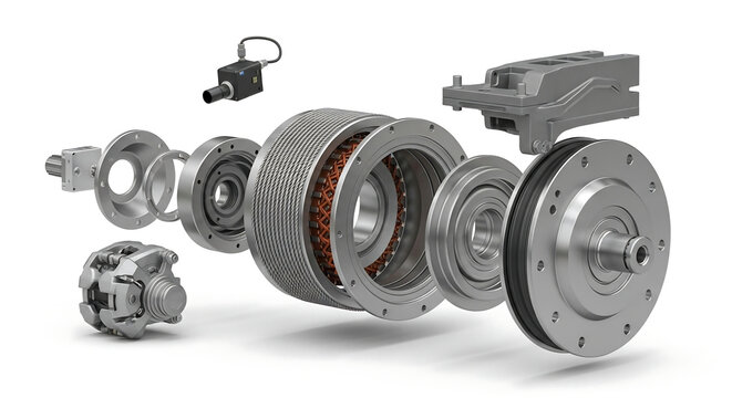 Exploded view of an electric motor or complex mechanical transmission system components on a white background.