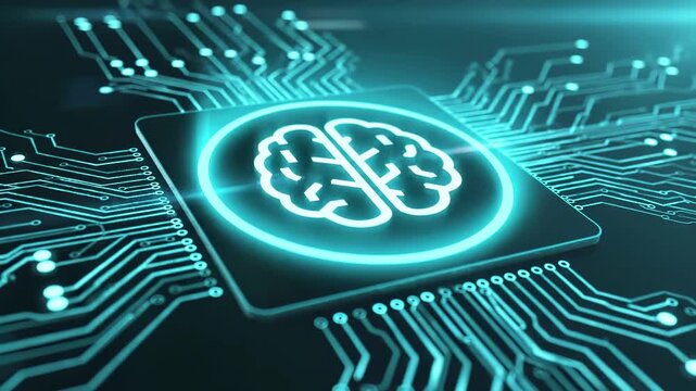 Artificial intelligence brain on glowing circuit board chip. Neural network and machine learning technology . Advanced computing processor for digital innovation and cognitive automation.