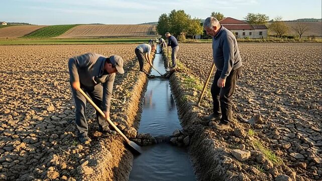 Farmers working together to dig irrigation canal in dry field.