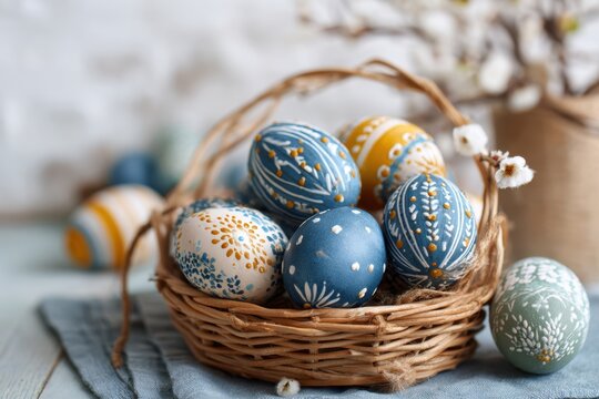 Easter eggs in wicker basket decorating for holiday