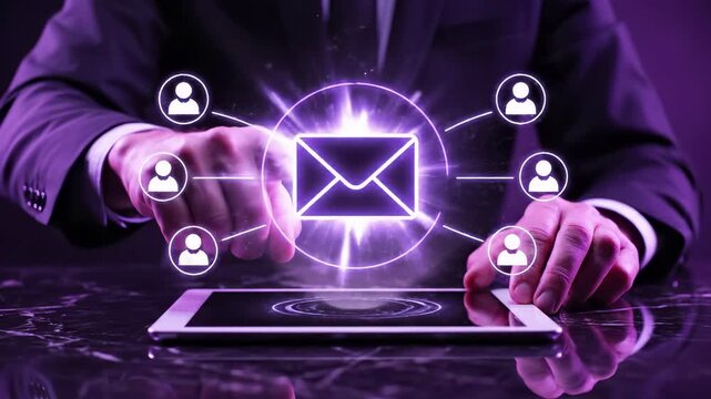 Professional touches a glowing holographic email connected to multiple user profiles above a tablet. Digital mass communication, marketing, and network messaging  for  business outreach.