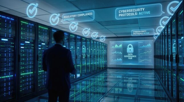 Data management compliance server datum concept. A professional overseeing a secure data center operation.