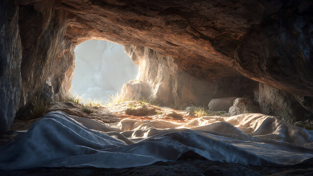 Serene light illuminates an ancient cave entrance, revealing an empty, profound space bathed in a soft glow, symbolizing peace, discovery, and new beginnings