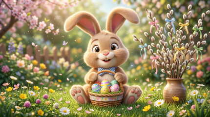 Puchaty króliczek wielkanocny z koszem pisanek i baziami w wazonie