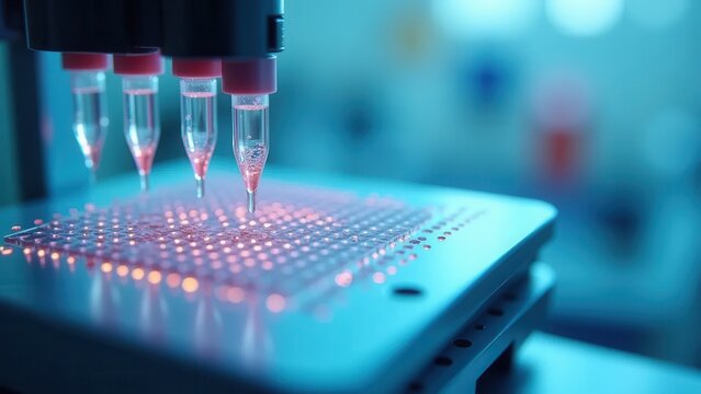 Integrative Omics Profiling: Microfluidic chip connected to sequencing equipment in research facility
