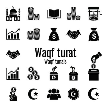 Collection of Islamic Finance Icons showcasing growth charts, money, and financial analysis tools.