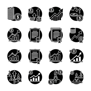 Collection of Islamic Finance Icons showcasing growth charts, money, and financial analysis tools.