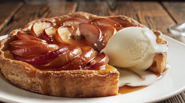 Delicious apple tart with ice cream dessert composition on white plate