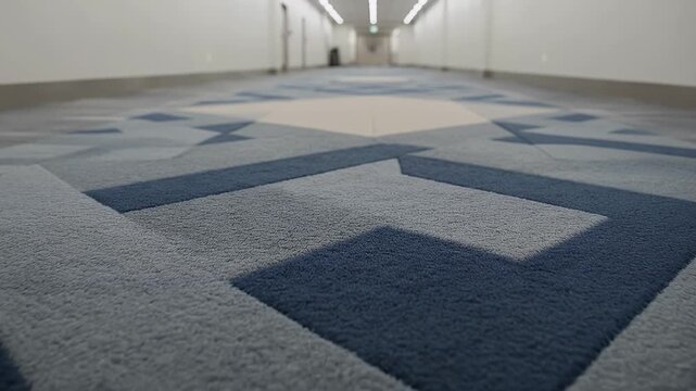 Low-angle perspective of a textured carpet with geometric patterns in a long hallway