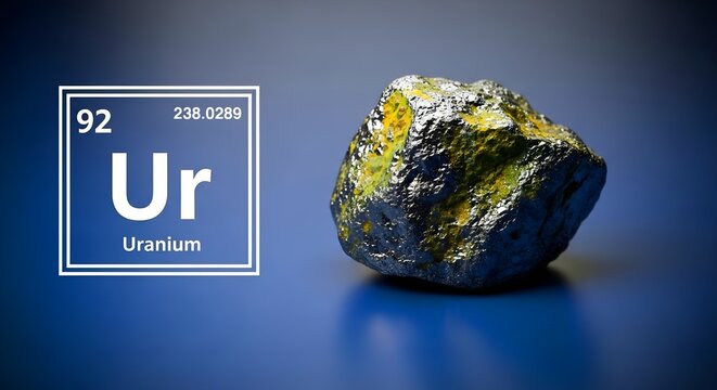 A close-up view of a uranium element sample with its periodic table information.