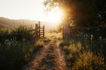 Obraz premium A path through the old gate leads to a golden dawn in the countryside