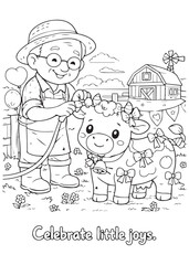 Fototapeta premium coloring book grandpa decorating the cow with a garland, celebrating small joyful moments