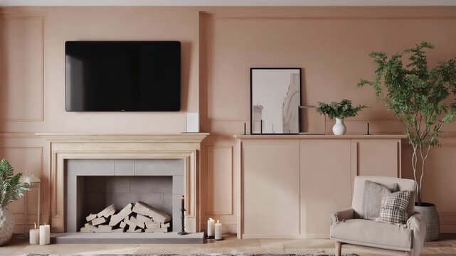 Elegant living room with a fireplace, modern decor, and a flat-screen TV, showcasing a cozy atmosphere with candles and plants in a warm color palette