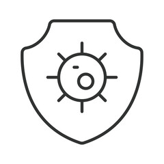Obraz premium Protection shield virus icon in line design. shield virus hygiene safety health prevention medical on white background vector. Protection shield editable stroke icon