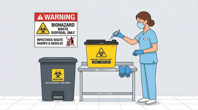 Medical Professional Disposing of Sharps in Biohazard Container Illustration