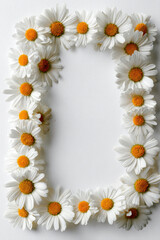 Fototapeta premium White daisy floral border frame with fresh chamomile flowers arranged around clean background and copy space for spring greeting