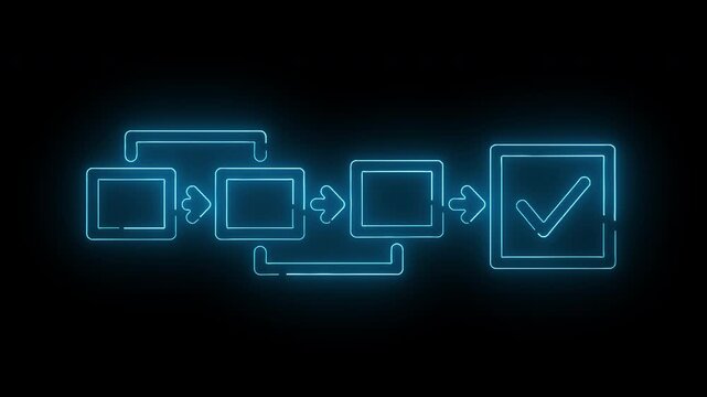 Neon-lit flowchart diagram with glowing blue boxes and arrows on a black background, conveying a process or workflow.