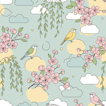 A charming seamless pattern featuring delicate pink cherry blossoms, soft green weeping willow branches, and cute birds perched on fluffy clouds and yellow circles against a light blue background.
