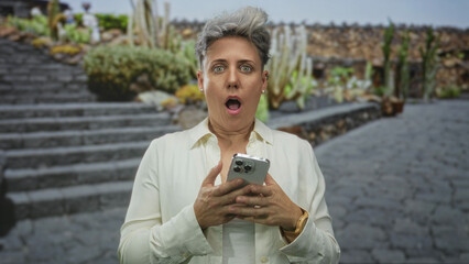 Fototapeta premium Woman with open mouth holds smartphone on street; surprise sharing reaction notification update alert message communication information news.