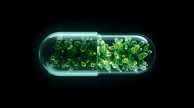 Microscopic view of probiotic bacteria inside a transparent capsule for medicine and healthcare.