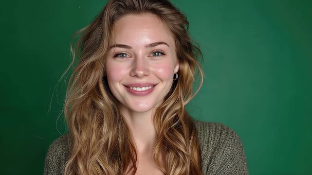 Smiling young woman with long hair in front of green background showing joy in a simple setting