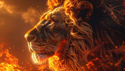 Regal lion profile ablaze with fiery mane and intense gaze, amidst warm, fiery atmosphere