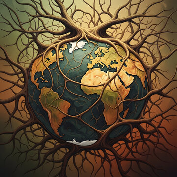 Vibrant illustration of Earth wrapped in tree roots symbolizing environmental connection
