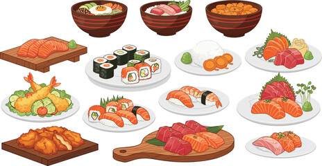 Japanese Sushi and Sashimi Set with Salmon Tuna Nigiri Rolls Tempura and Rice Bowls Traditional Asian Cuisine Collection Isolated Vector Illustration © Shefali