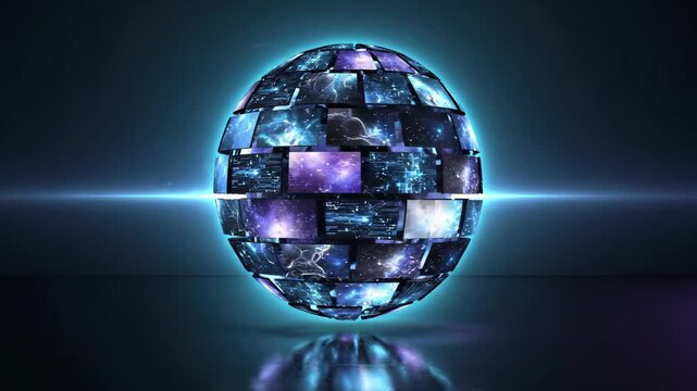 Glowing digital sphere composed of multiple video screens with cosmic and tech imagery, reflected on a surface. Global multimedia network, metaverse, and immersive streaming technology .